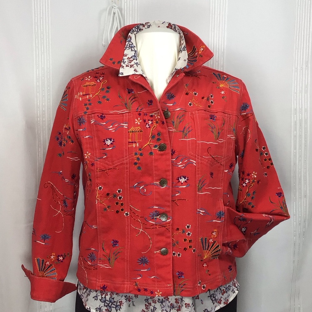 GW Jeans Co. Asian Embroidered Red Button Front Jean Jacket Sz.M